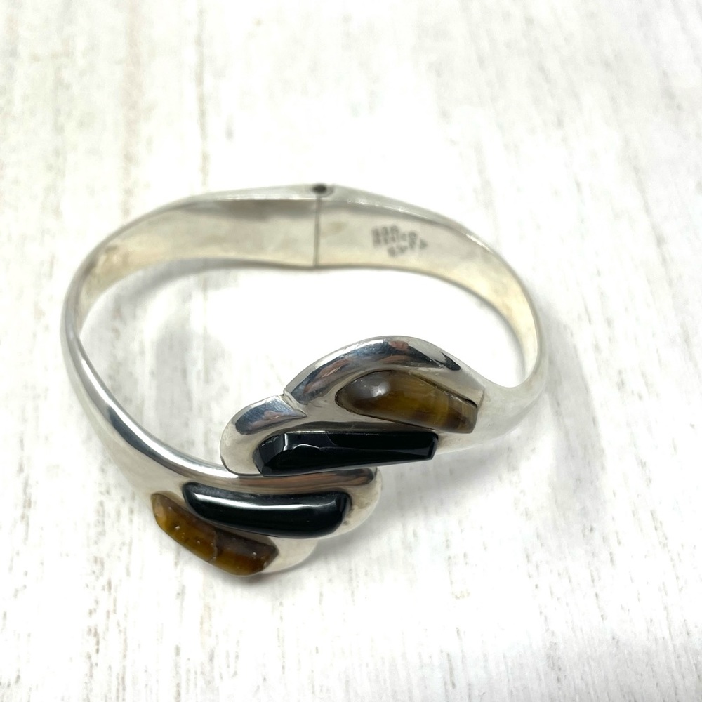 TAXCO Sterling silver, Onyx, Tiger’s Eye hinged cuff bracelet - Picture 2 of 12
